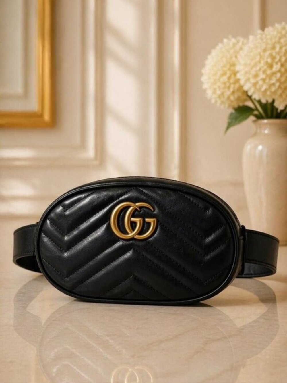 Authentic Gucci GG Marmont Matelassé Leather Belt Bag Black | Quilted Waist Bag